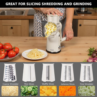 Rotary Cheese Grater with Handle, 5-Blade Cheese Shredder, BPA-Free (Black) | Cheese Grater Hand Crank Slices, Shreds & Grates – Features Strong Suction Base, Stainless-Steel Blades & Easy Clean-Up