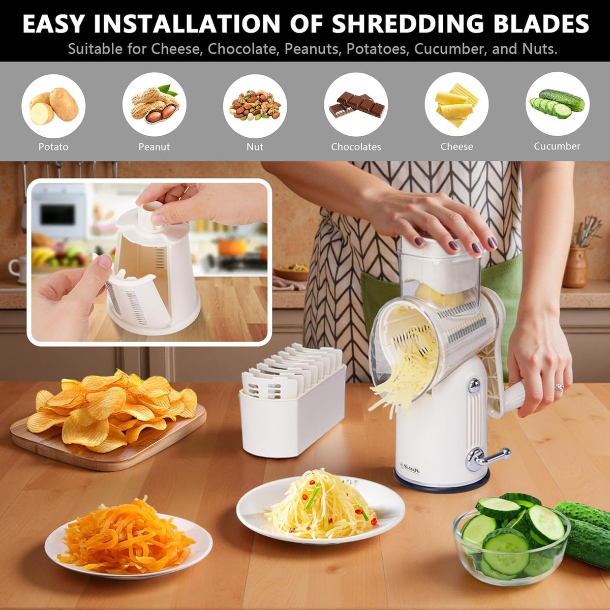Rotary Cheese Grater with Handle, 5-Blade Cheese Shredder, BPA-Free (Black) | Cheese Grater Hand Crank Slices, Shreds & Grates – Features Strong Suction Base, Stainless-Steel Blades & Easy Clean-Up