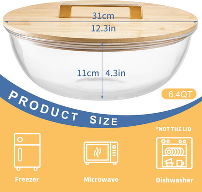 6.5Qt Extra Large Glass Mixing Bowl with Lid, Clear Large Salad Bowls with Airtight Bamboo Lid & Handle,Thickened Glass Big Mixing Bowls Cooking Bowl for Food Prep, Kitchen,Dinner, Borosilicate Glass
