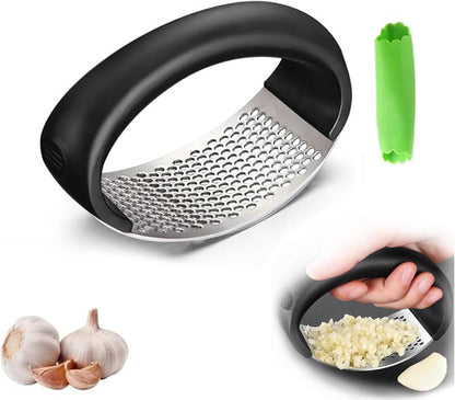 Stainless Steel Garlic Press Rocker – Portable Manual Crusher & Masher with Garlic Peeling Drum – Effortless Garlic Processing for Home Kitchen
