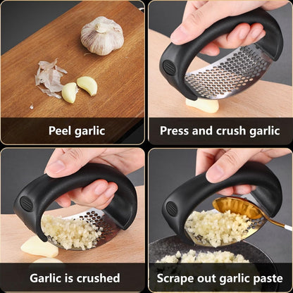 Stainless Steel Garlic Press Rocker – Portable Manual Crusher & Masher with Garlic Peeling Drum – Effortless Garlic Processing for Home Kitchen