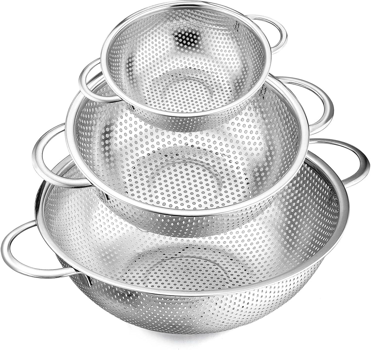 Stainless Steel Colander Set of 3 (1-3-5Quart), Micro-Perforated Metal Colander Strainer with Handle for Kitchen/Draining Pasta/Rinsing Vegetables Fruits, Heavy Duty & Dishwasher Safe