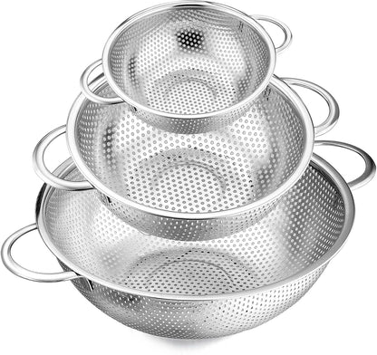 Stainless Steel Colander Set of 3 (1-3-5Quart), Micro-Perforated Metal Colander Strainer with Handle for Kitchen/Draining Pasta/Rinsing Vegetables Fruits, Heavy Duty & Dishwasher Safe