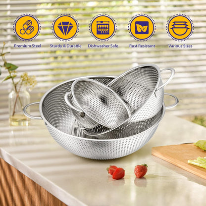 Stainless Steel Colander Set of 3 (1-3-5Quart), Micro-Perforated Metal Colander Strainer with Handle for Kitchen/Draining Pasta/Rinsing Vegetables Fruits, Heavy Duty & Dishwasher Safe