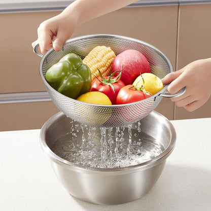 Stainless Steel Colander Set of 3 (1-3-5Quart), Micro-Perforated Metal Colander Strainer with Handle for Kitchen/Draining Pasta/Rinsing Vegetables Fruits, Heavy Duty & Dishwasher Safe