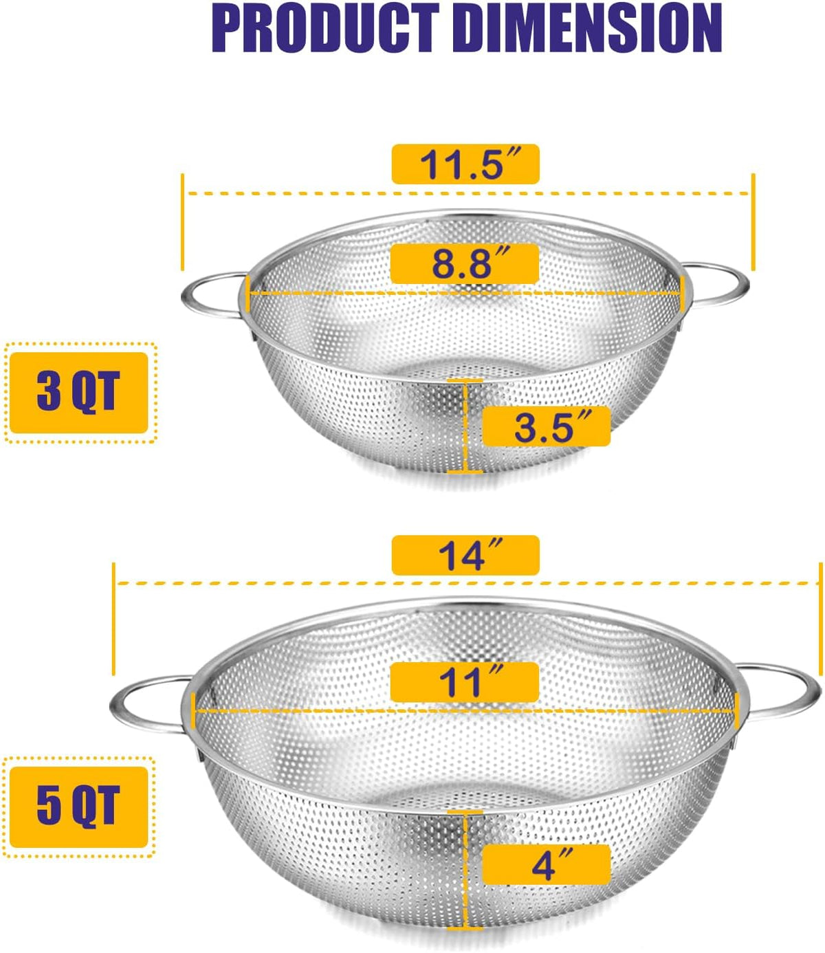 Stainless Steel Colander Set of 3 (1-3-5Quart), Micro-Perforated Metal Colander Strainer with Handle for Kitchen/Draining Pasta/Rinsing Vegetables Fruits, Heavy Duty & Dishwasher Safe
