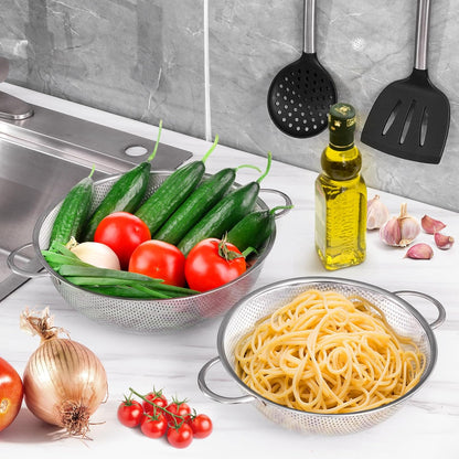 Stainless Steel Colander Set of 3 (1-3-5Quart), Micro-Perforated Metal Colander Strainer with Handle for Kitchen/Draining Pasta/Rinsing Vegetables Fruits, Heavy Duty & Dishwasher Safe