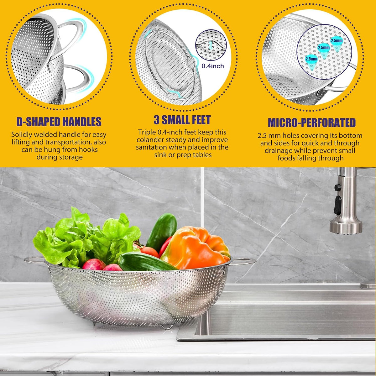 Stainless Steel Colander Set of 3 (1-3-5Quart), Micro-Perforated Metal Colander Strainer with Handle for Kitchen/Draining Pasta/Rinsing Vegetables Fruits, Heavy Duty & Dishwasher Safe