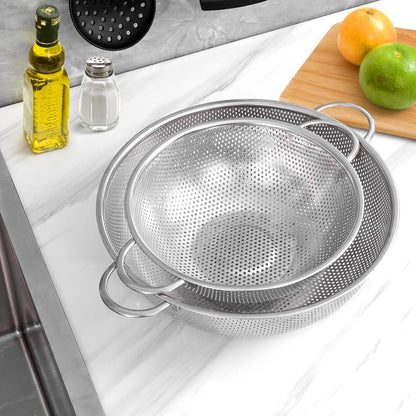 Stainless Steel Colander Set of 3 (1-3-5Quart), Micro-Perforated Metal Colander Strainer with Handle for Kitchen/Draining Pasta/Rinsing Vegetables Fruits, Heavy Duty & Dishwasher Safe