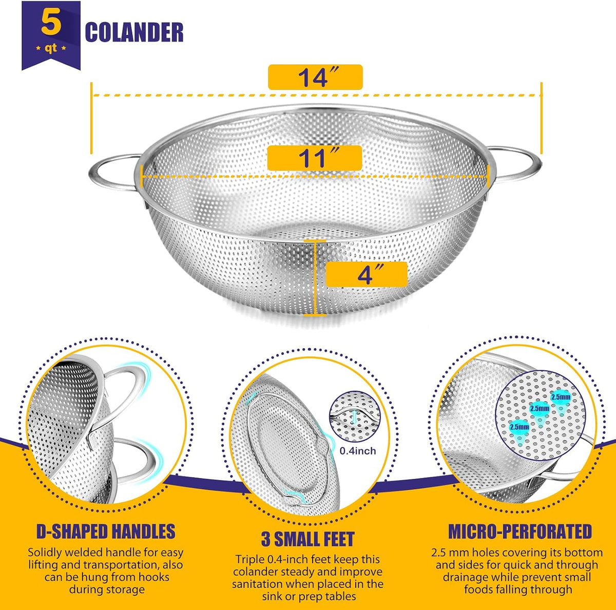 Stainless Steel Colander Set of 3 (1-3-5Quart), Micro-Perforated Metal Colander Strainer with Handle for Kitchen/Draining Pasta/Rinsing Vegetables Fruits, Heavy Duty & Dishwasher Safe