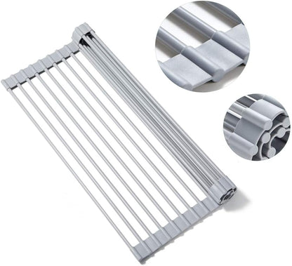 Roll Up Dish Drying Rack Over The Sink.Foldable Kitchen Drainer,Fully Silicone Cover Stainless Steel Bar,Heat-Resistant, Anti-Slip Sink Rack for Kitchen Counter Multipurpose.