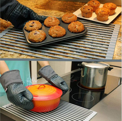 Roll Up Dish Drying Rack Over The Sink.Foldable Kitchen Drainer,Fully Silicone Cover Stainless Steel Bar,Heat-Resistant, Anti-Slip Sink Rack for Kitchen Counter Multipurpose.