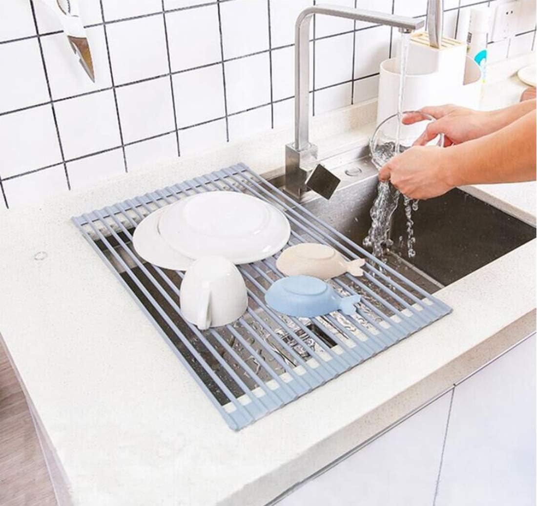Roll Up Dish Drying Rack Over The Sink.Foldable Kitchen Drainer,Fully Silicone Cover Stainless Steel Bar,Heat-Resistant, Anti-Slip Sink Rack for Kitchen Counter Multipurpose.