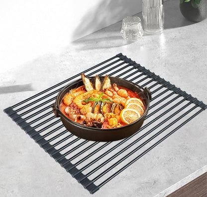 Roll Up Dish Drying Rack Over The Sink.Foldable Kitchen Drainer,Fully Silicone Cover Stainless Steel Bar,Heat-Resistant, Anti-Slip Sink Rack for Kitchen Counter Multipurpose.