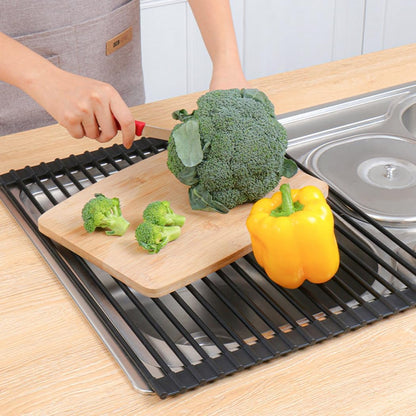 Roll Up Dish Drying Rack Over The Sink.Foldable Kitchen Drainer,Fully Silicone Cover Stainless Steel Bar,Heat-Resistant, Anti-Slip Sink Rack for Kitchen Counter Multipurpose.