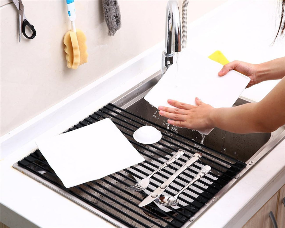 Roll Up Dish Drying Rack Over The Sink.Foldable Kitchen Drainer,Fully Silicone Cover Stainless Steel Bar,Heat-Resistant, Anti-Slip Sink Rack for Kitchen Counter Multipurpose.