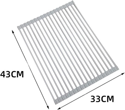 Roll Up Dish Drying Rack Over The Sink.Foldable Kitchen Drainer,Fully Silicone Cover Stainless Steel Bar,Heat-Resistant, Anti-Slip Sink Rack for Kitchen Counter Multipurpose.