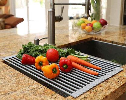 Roll Up Dish Drying Rack Over The Sink.Foldable Kitchen Drainer,Fully Silicone Cover Stainless Steel Bar,Heat-Resistant, Anti-Slip Sink Rack for Kitchen Counter Multipurpose.