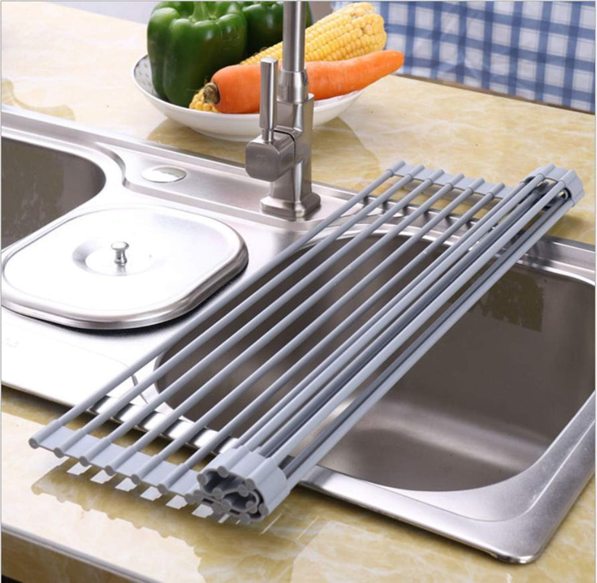 Roll Up Dish Drying Rack Over The Sink.Foldable Kitchen Drainer,Fully Silicone Cover Stainless Steel Bar,Heat-Resistant, Anti-Slip Sink Rack for Kitchen Counter Multipurpose.