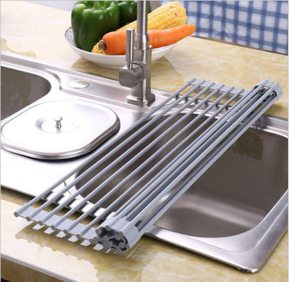 Roll Up Dish Drying Rack Over The Sink.Foldable Kitchen Drainer,Fully Silicone Cover Stainless Steel Bar,Heat-Resistant, Anti-Slip Sink Rack for Kitchen Counter Multipurpose.
