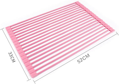 Roll Up Dish Drying Rack Over The Sink.Foldable Kitchen Drainer,Fully Silicone Cover Stainless Steel Bar,Heat-Resistant, Anti-Slip Sink Rack for Kitchen Counter Multipurpose.