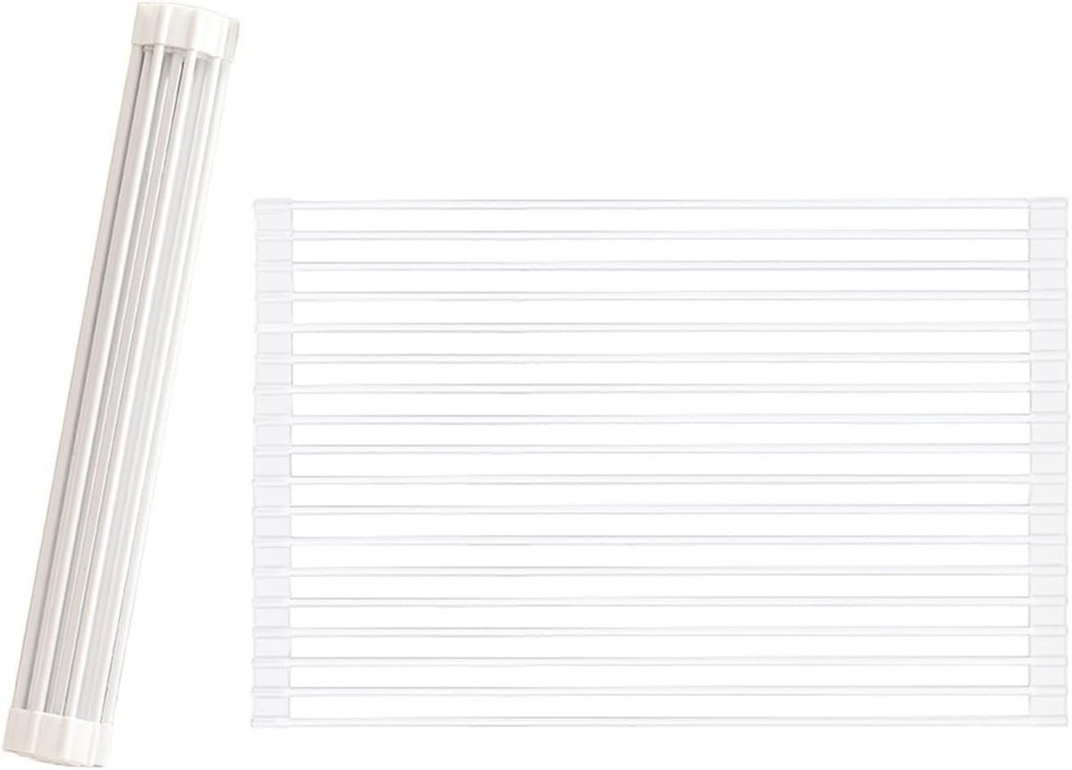 Roll Up Dish Drying Rack Over The Sink.Foldable Kitchen Drainer,Fully Silicone Cover Stainless Steel Bar,Heat-Resistant, Anti-Slip Sink Rack for Kitchen Counter Multipurpose.