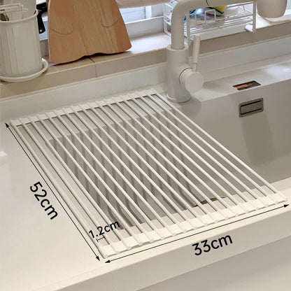 Roll Up Dish Drying Rack Over The Sink.Foldable Kitchen Drainer,Fully Silicone Cover Stainless Steel Bar,Heat-Resistant, Anti-Slip Sink Rack for Kitchen Counter Multipurpose.