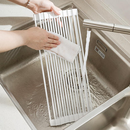 Roll Up Dish Drying Rack Over The Sink.Foldable Kitchen Drainer,Fully Silicone Cover Stainless Steel Bar,Heat-Resistant, Anti-Slip Sink Rack for Kitchen Counter Multipurpose.