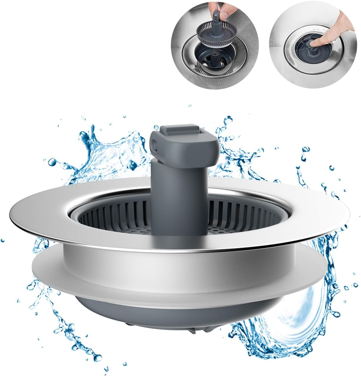 Upgraded 3 in 1 Kitchen Sink Drain Strainer and Stopper Combo, Stainless Steel Metal Pop Up Sink Stopper, Anti-Clogging Basket with Foldable Handle for US Standard 3-1/2 Inch Drain