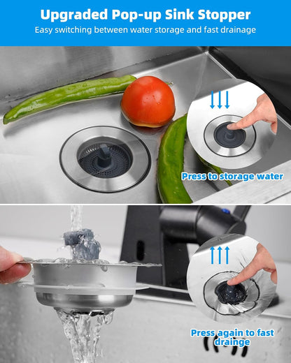 Upgraded 3 in 1 Kitchen Sink Drain Strainer and Stopper Combo, Stainless Steel Metal Pop Up Sink Stopper, Anti-Clogging Basket with Foldable Handle for US Standard 3-1/2 Inch Drain