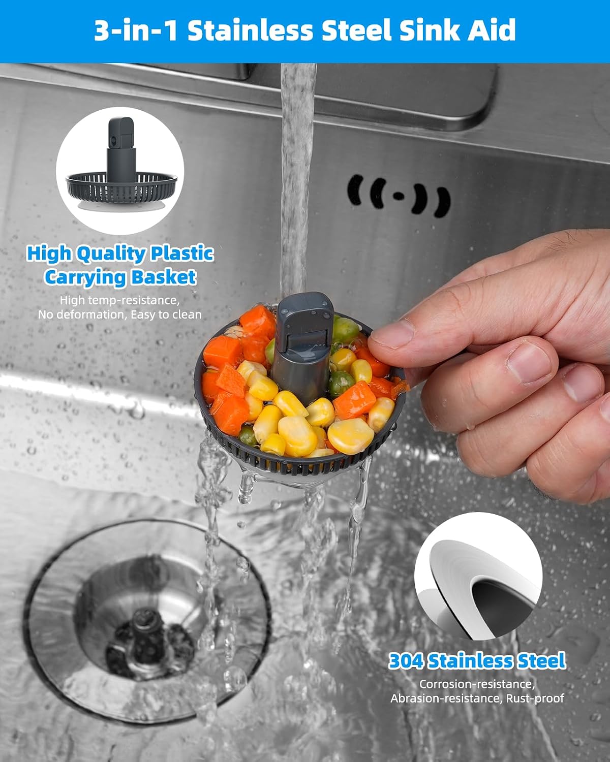 Upgraded 3 in 1 Kitchen Sink Drain Strainer and Stopper Combo, Stainless Steel Metal Pop Up Sink Stopper, Anti-Clogging Basket with Foldable Handle for US Standard 3-1/2 Inch Drain