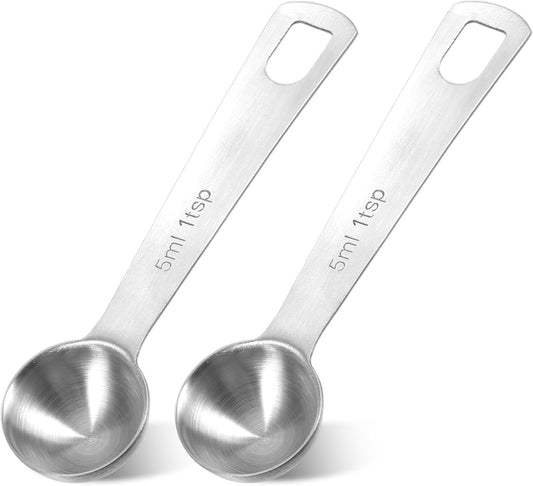 2Pcs 1 Teaspoon(1 Tsp | 1/3 Tbsp | 5 Ml | 5 Cc | 1/6 Oz) Measuring Spoons Stainless Steel Single Measuring Spoon Long Handle Scoop for Measuring Coffee Pet Food Grains Protein Spices Dry Goods -Silver