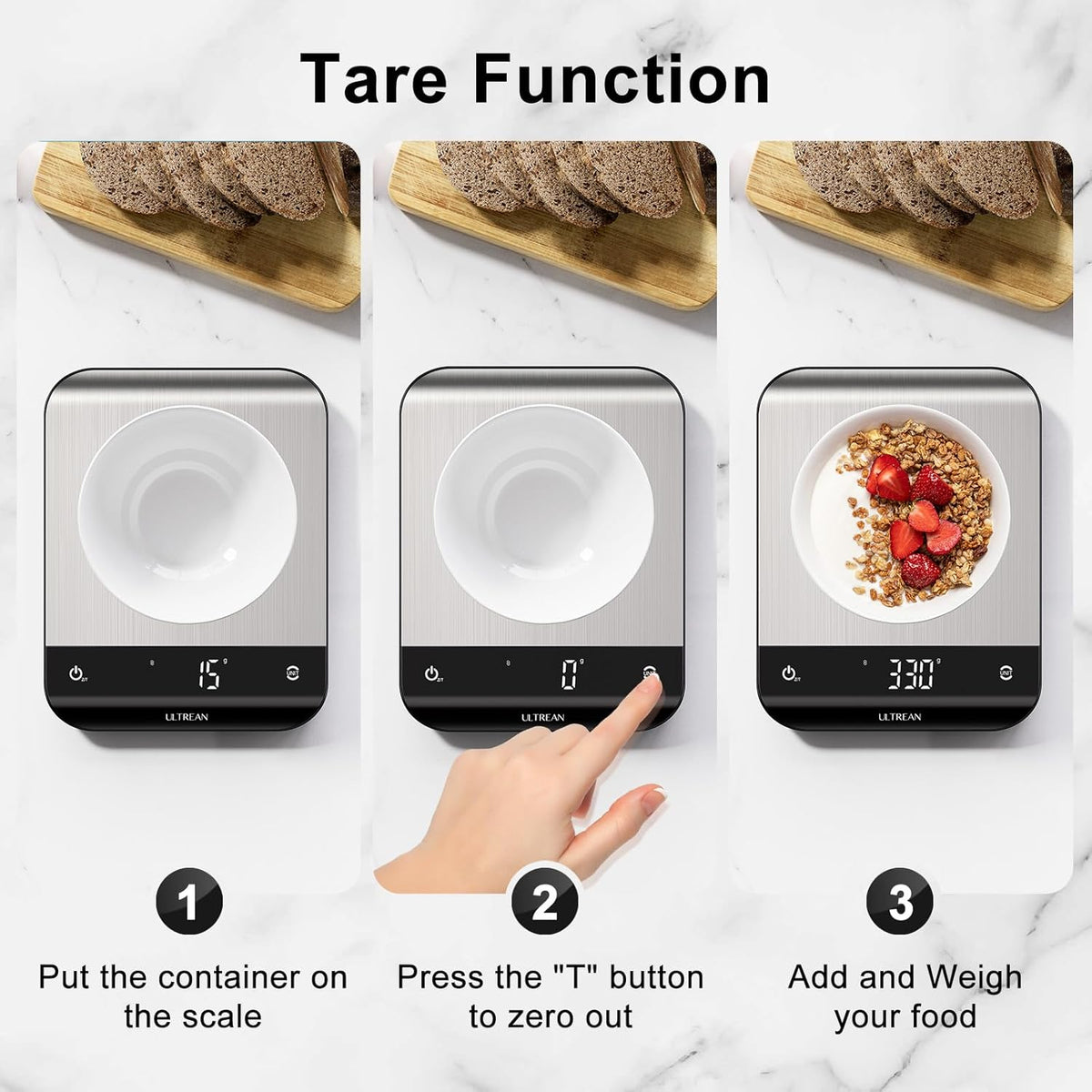 Smart Food Kitchen Scale with Nutritional Calculator, App for Macro & Calorie Tracking, AI Scan, Digital Grams and Ounces for Weight Loss, Rechargeable, Stainless Steel, 33lb /15kg