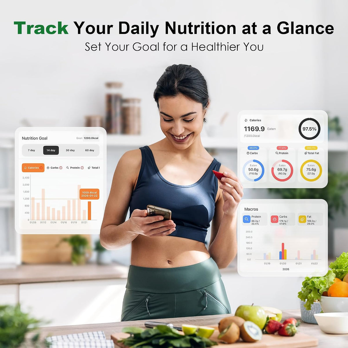 Smart Food Kitchen Scale with Nutritional Calculator, App for Macro & Calorie Tracking, AI Scan, Digital Grams and Ounces for Weight Loss, Rechargeable, Stainless Steel, 33lb /15kg