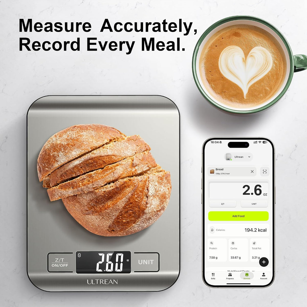 Smart Food Kitchen Scale with Nutritional Calculator, App for Macro & Calorie Tracking, AI Scan, Digital Grams and Ounces for Weight Loss, Rechargeable, Stainless Steel, 33lb /15kg