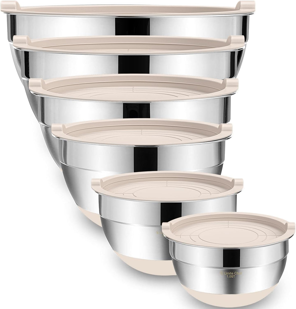 Mixing Bowls with Airtight Lids, 6 piece Stainless Steel Metal Nesting Storage Bowls, Non-Slip Bottoms Size 7, 3.5, 2.5, 2.0,1.5, 1QT, Great for Mixing & Serving (Khaki)