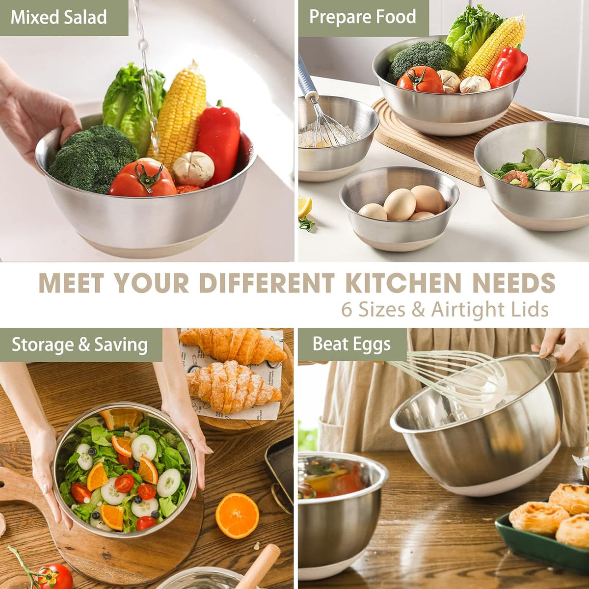 Mixing Bowls with Airtight Lids, 6 piece Stainless Steel Metal Nesting Storage Bowls, Non-Slip Bottoms Size 7, 3.5, 2.5, 2.0,1.5, 1QT, Great for Mixing & Serving (Khaki)