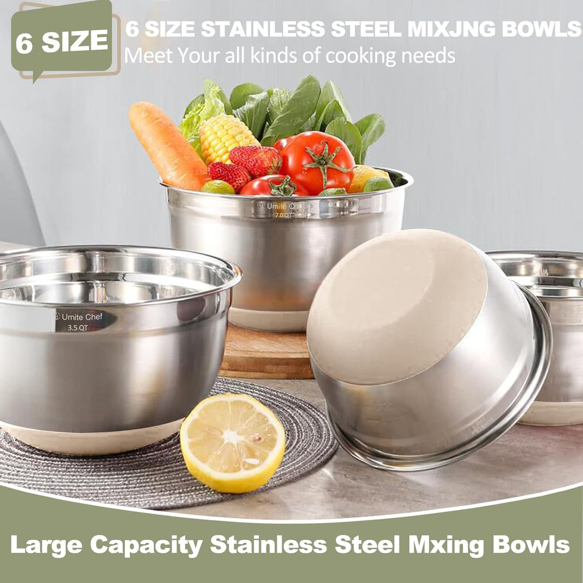 Mixing Bowls with Airtight Lids, 6 piece Stainless Steel Metal Nesting Storage Bowls, Non-Slip Bottoms Size 7, 3.5, 2.5, 2.0,1.5, 1QT, Great for Mixing & Serving (Khaki)