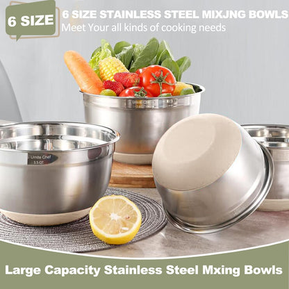 Mixing Bowls with Airtight Lids, 6 piece Stainless Steel Metal Nesting Storage Bowls, Non-Slip Bottoms Size 7, 3.5, 2.5, 2.0,1.5, 1QT, Great for Mixing & Serving (Khaki)
