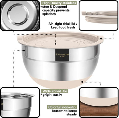 Mixing Bowls with Airtight Lids, 6 piece Stainless Steel Metal Nesting Storage Bowls, Non-Slip Bottoms Size 7, 3.5, 2.5, 2.0,1.5, 1QT, Great for Mixing & Serving (Khaki)