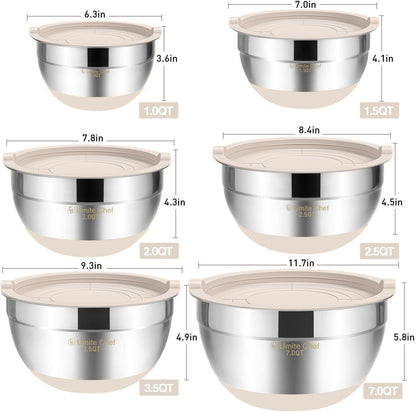 Mixing Bowls with Airtight Lids, 6 piece Stainless Steel Metal Nesting Storage Bowls, Non-Slip Bottoms Size 7, 3.5, 2.5, 2.0,1.5, 1QT, Great for Mixing & Serving (Khaki)