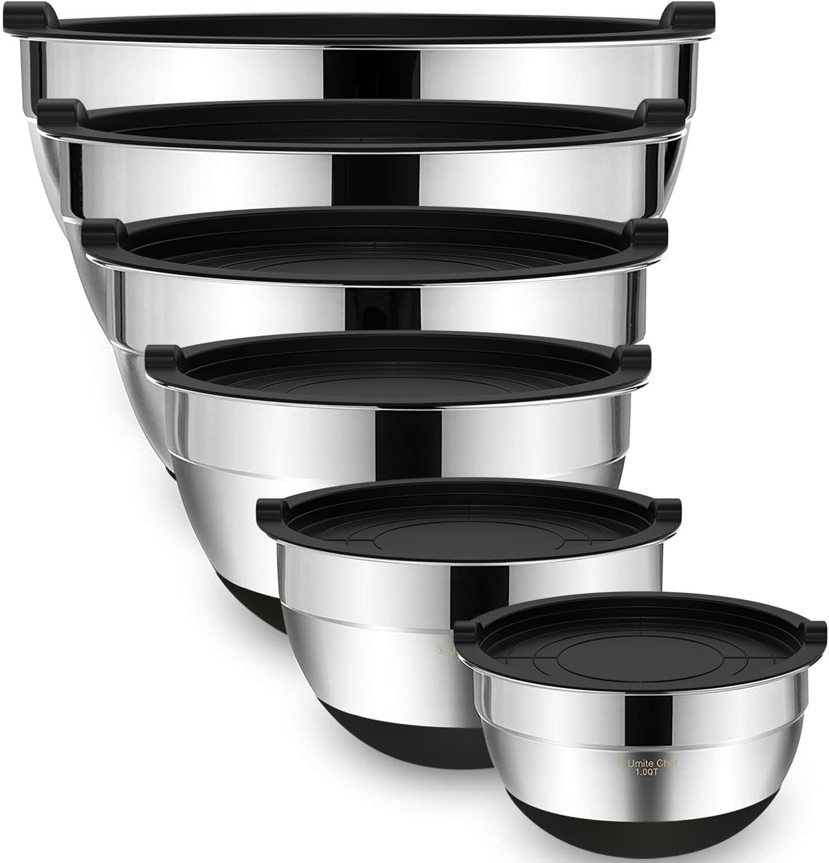 Mixing Bowls with Airtight Lids, 6 piece Stainless Steel Metal Nesting Storage Bowls, Non-Slip Bottoms Size 7, 3.5, 2.5, 2.0,1.5, 1QT, Great for Mixing & Serving (Khaki)
