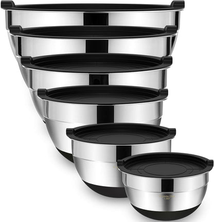 Mixing Bowls with Airtight Lids, 6 piece Stainless Steel Metal Nesting Storage Bowls, Non-Slip Bottoms Size 7, 3.5, 2.5, 2.0,1.5, 1QT, Great for Mixing & Serving (Khaki)