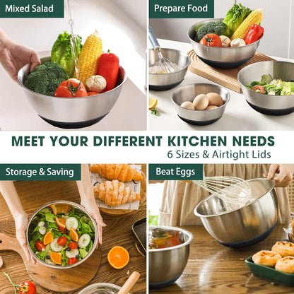 Mixing Bowls with Airtight Lids, 6 piece Stainless Steel Metal Nesting Storage Bowls, Non-Slip Bottoms Size 7, 3.5, 2.5, 2.0,1.5, 1QT, Great for Mixing & Serving (Khaki)
