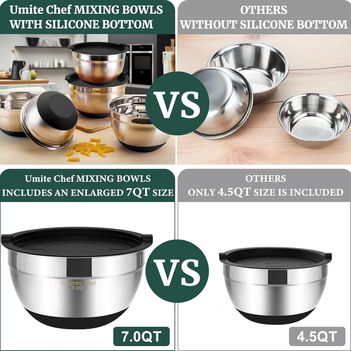 Mixing Bowls with Airtight Lids, 6 piece Stainless Steel Metal Nesting Storage Bowls, Non-Slip Bottoms Size 7, 3.5, 2.5, 2.0,1.5, 1QT, Great for Mixing & Serving (Khaki)