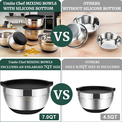 Mixing Bowls with Airtight Lids, 6 piece Stainless Steel Metal Nesting Storage Bowls, Non-Slip Bottoms Size 7, 3.5, 2.5, 2.0,1.5, 1QT, Great for Mixing & Serving (Khaki)