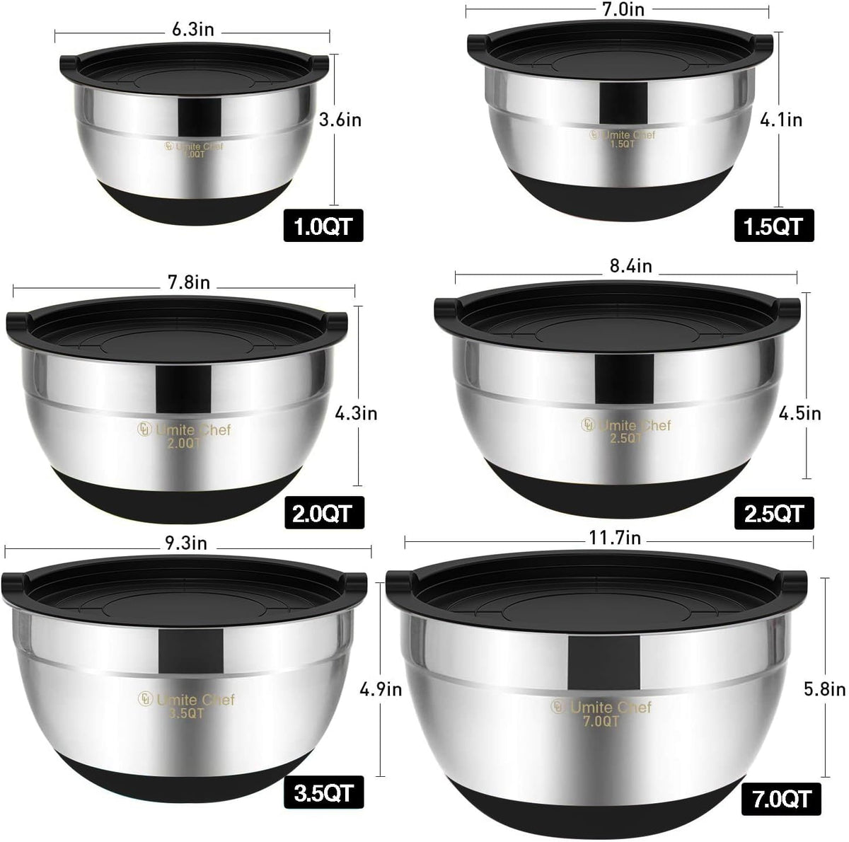 Mixing Bowls with Airtight Lids, 6 piece Stainless Steel Metal Nesting Storage Bowls, Non-Slip Bottoms Size 7, 3.5, 2.5, 2.0,1.5, 1QT, Great for Mixing & Serving (Khaki)