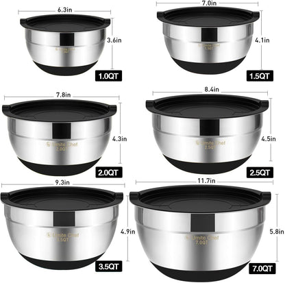 Mixing Bowls with Airtight Lids, 6 piece Stainless Steel Metal Nesting Storage Bowls, Non-Slip Bottoms Size 7, 3.5, 2.5, 2.0,1.5, 1QT, Great for Mixing & Serving (Khaki)
