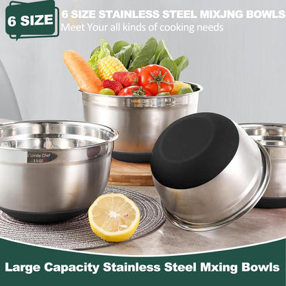 Mixing Bowls with Airtight Lids, 6 piece Stainless Steel Metal Nesting Storage Bowls, Non-Slip Bottoms Size 7, 3.5, 2.5, 2.0,1.5, 1QT, Great for Mixing & Serving (Khaki)