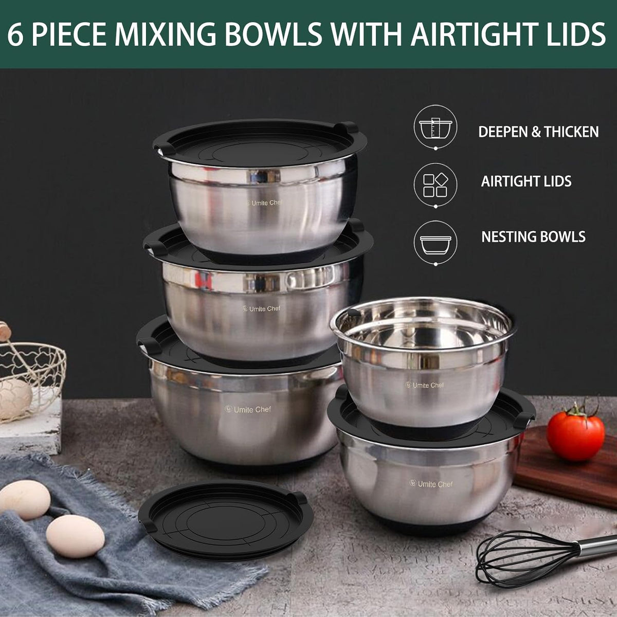 Mixing Bowls with Airtight Lids, 6 piece Stainless Steel Metal Nesting Storage Bowls, Non-Slip Bottoms Size 7, 3.5, 2.5, 2.0,1.5, 1QT, Great for Mixing & Serving (Khaki)